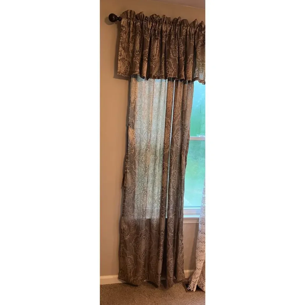 Light Filtering Brocade Gold Brown Curtain 84” Panels Matching Valances